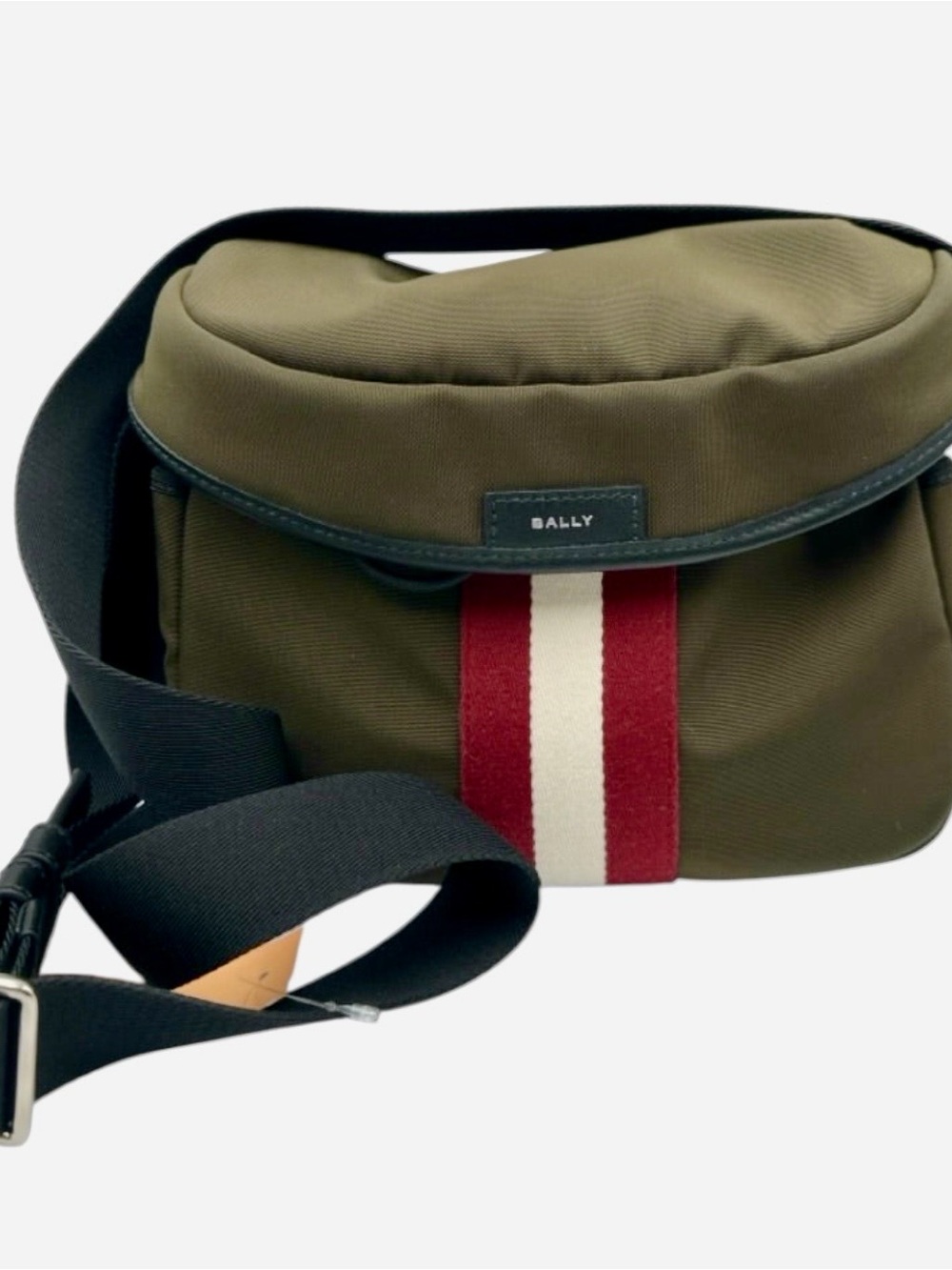 BALLY Olive Green Messenger Bag with Red and White Stripe